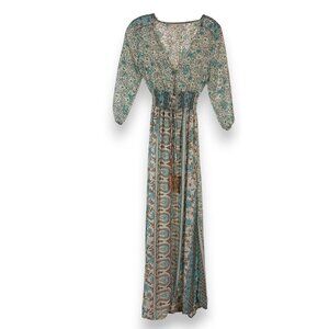 Bohemian Floral Chiffon Long Maxi Dress Sheer Coastal Flowy Beachy XS